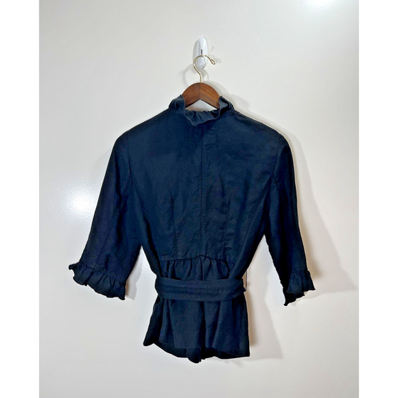 White House Black Market Women's Linen Blend Blouse Size S 6 Ruffle Dark Cottage - Picture 2 of 9